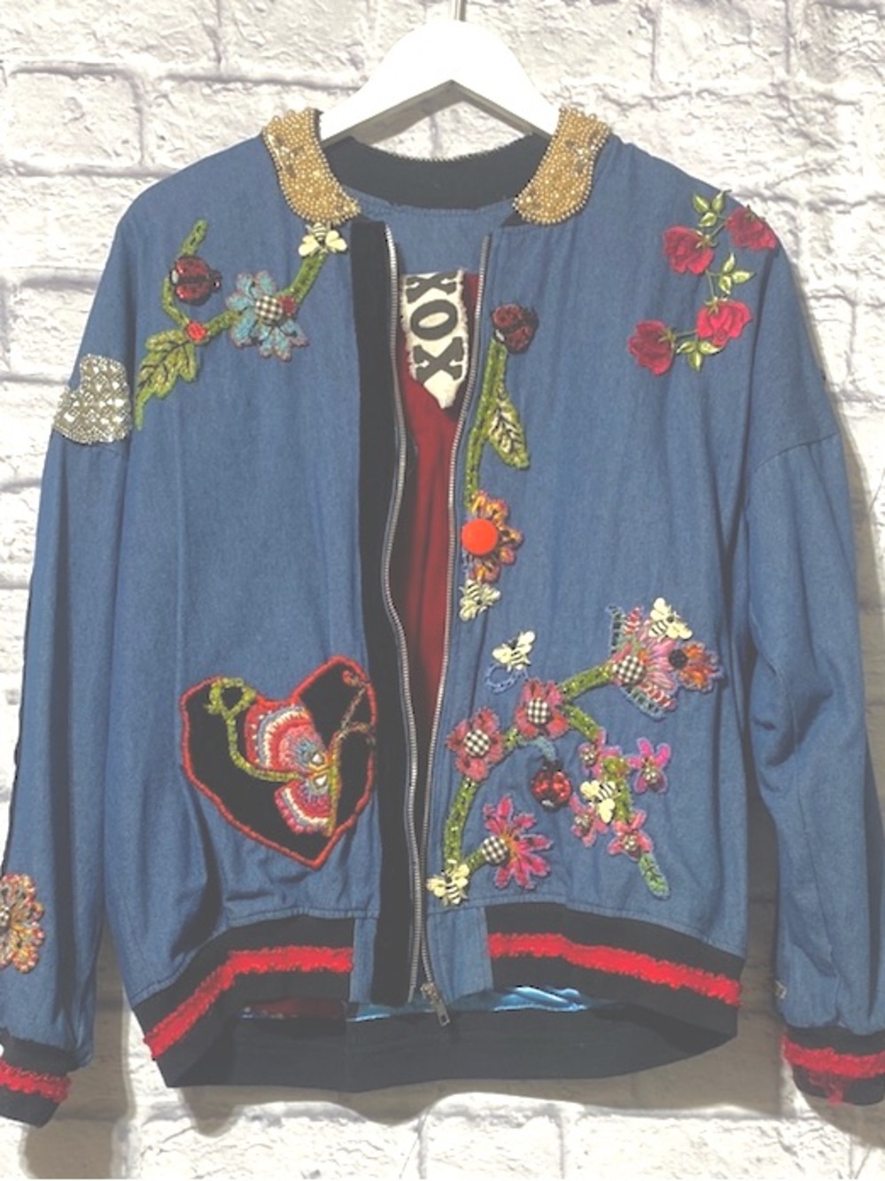 Embroidered Denim Jacket with Floral Accents - one of a kind